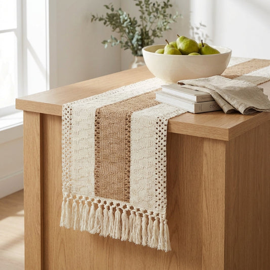 Wooden table with a textured beige runner, bowl of pears, and books in a bright room.