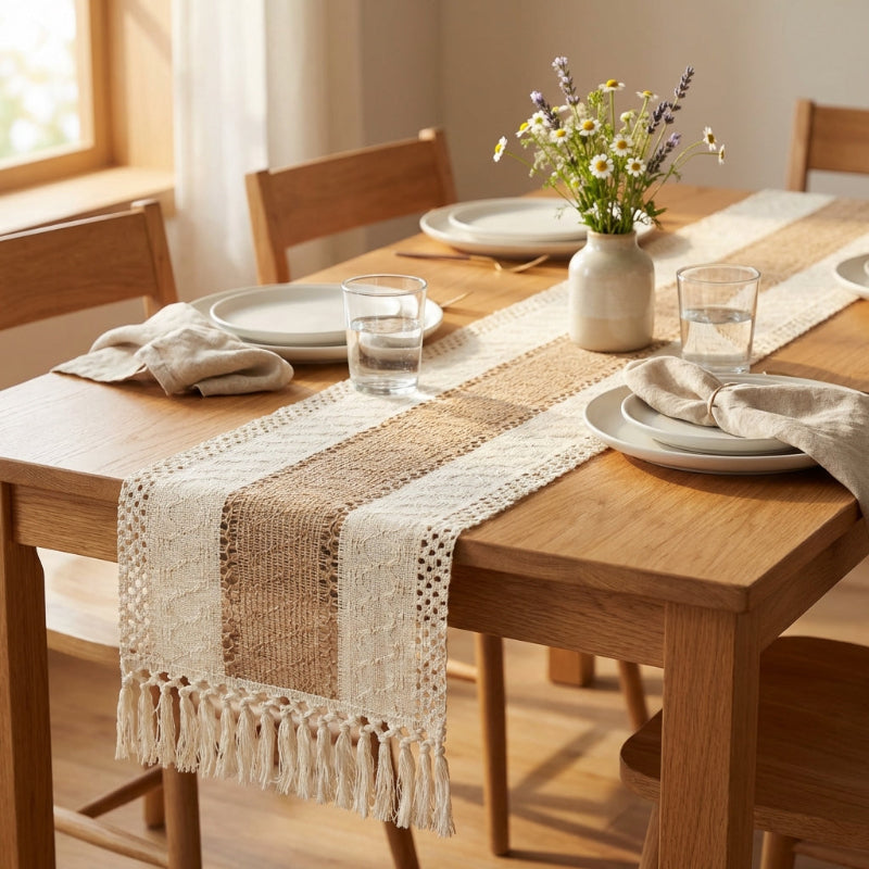 Dining table set with a woven runner, plates, glasses, and a vase of flowers.