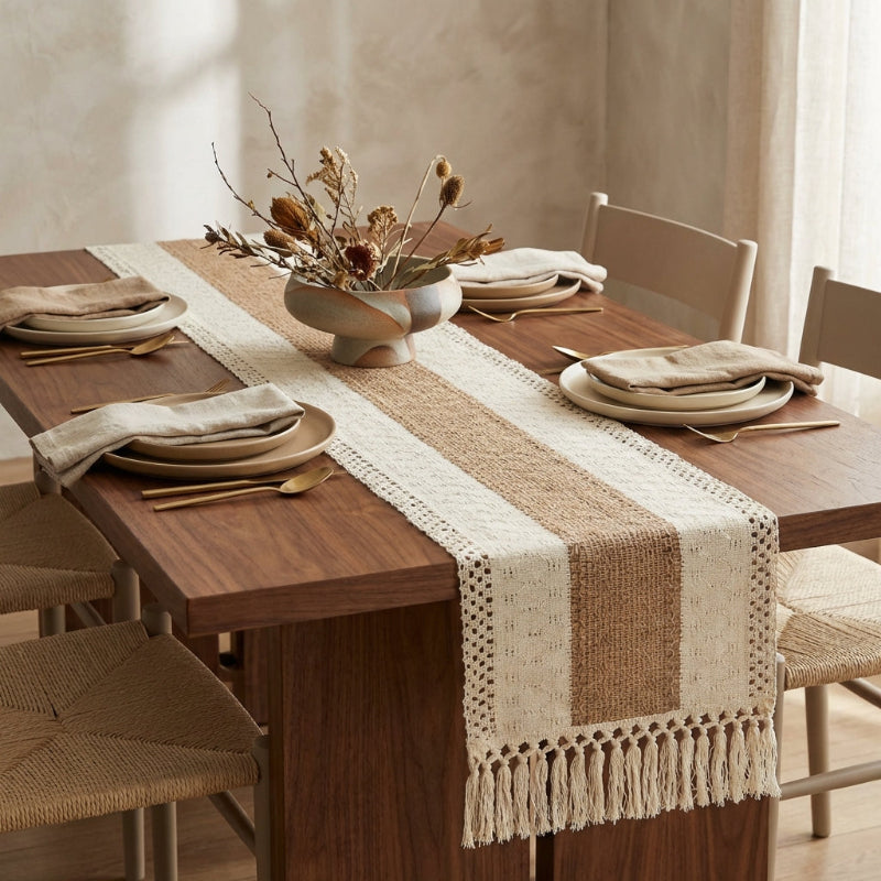 Dining table set with a striped table runner, plates, and chairs in a room with neutral decor.