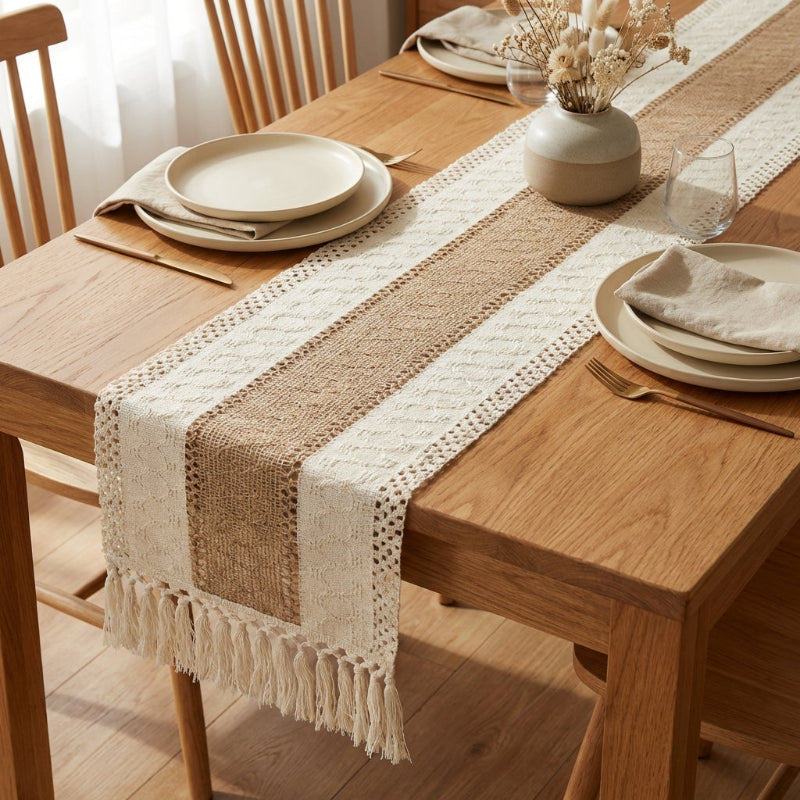 Dining table set with a striped table runner, plates, and cutlery on a wooden floor.