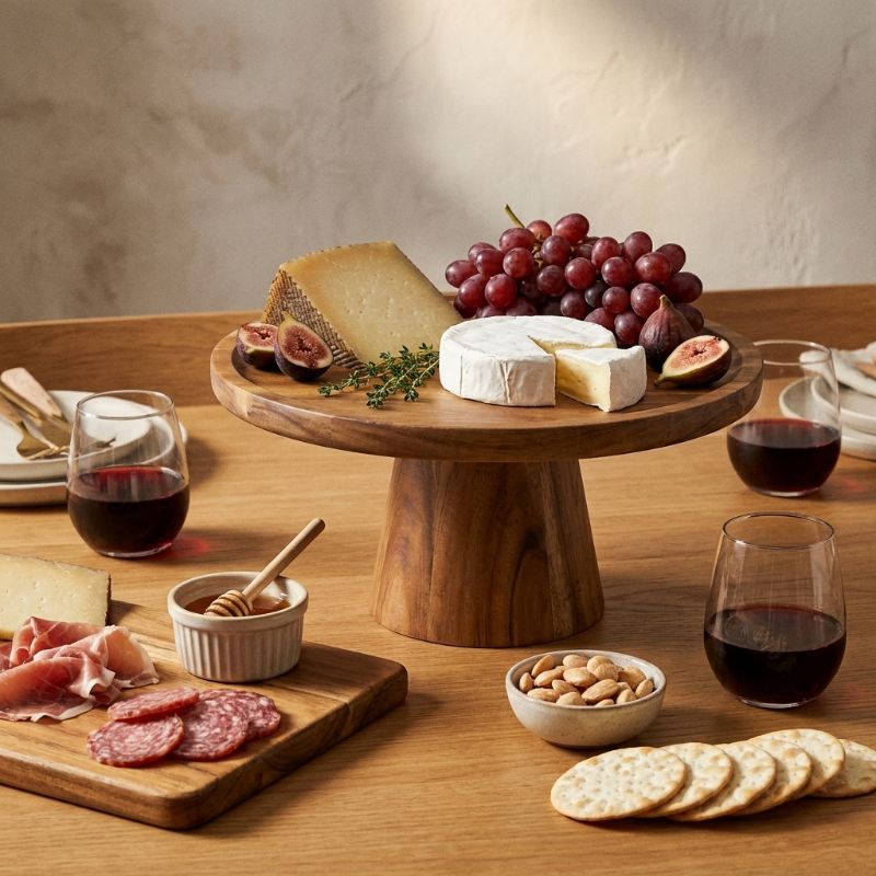 Solid wood pedestal cake stands with meat and cheese on wooden table