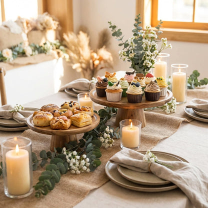 Decorative table setting with pastries, candles, and flowers in a warm indoor setting.