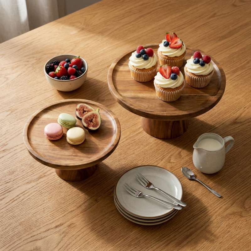 Solid wood pedestal cake stands with pastries on table