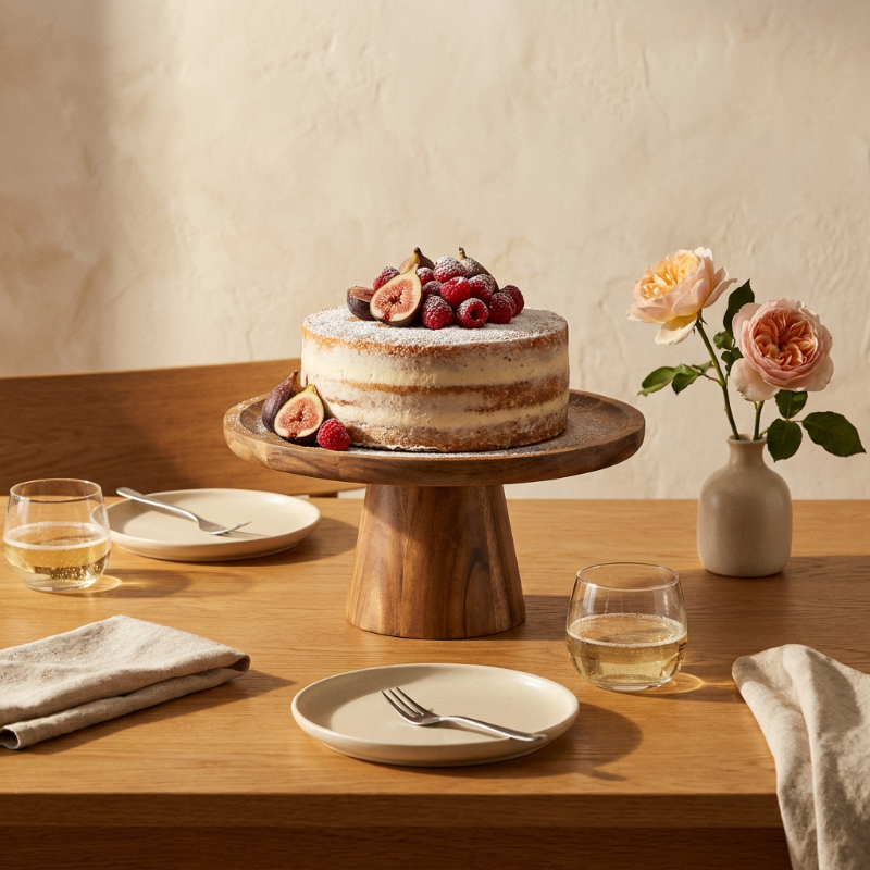 Solid wood pedestal cake stand with cake on dining table