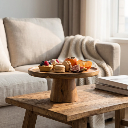 Wooden coffee table with a wooden cake stand holding pastries and fruits, in a cozy living room setting.