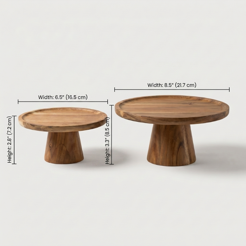 Solid wood pedestal cake stand dimensions graphic on white background