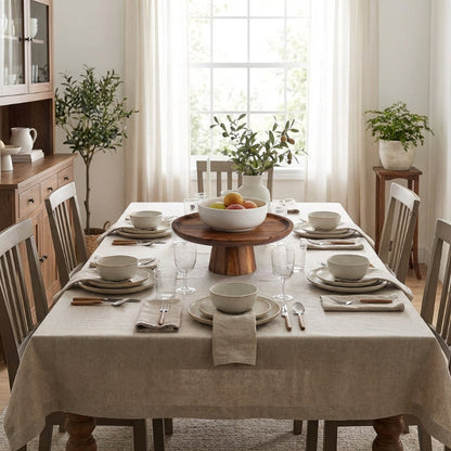 Dining room with a set table, chairs, and decor elements.