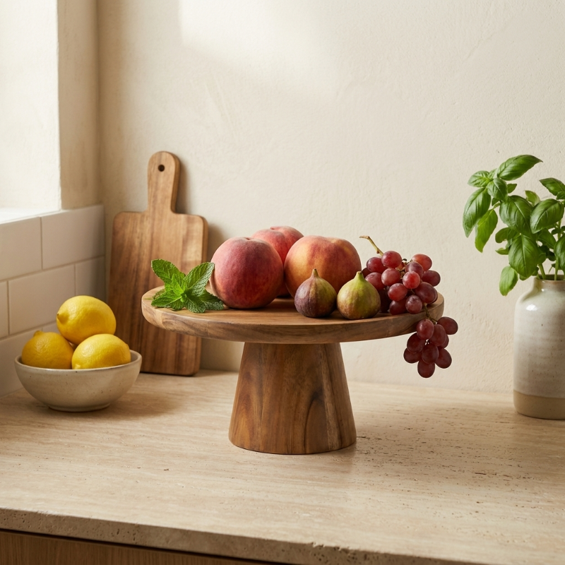 Solid wood pedestal cake stand with fruit on kitchen counter