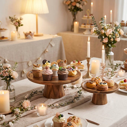 Decorative table setting with pastries on wooden stands, candles, and flowers.