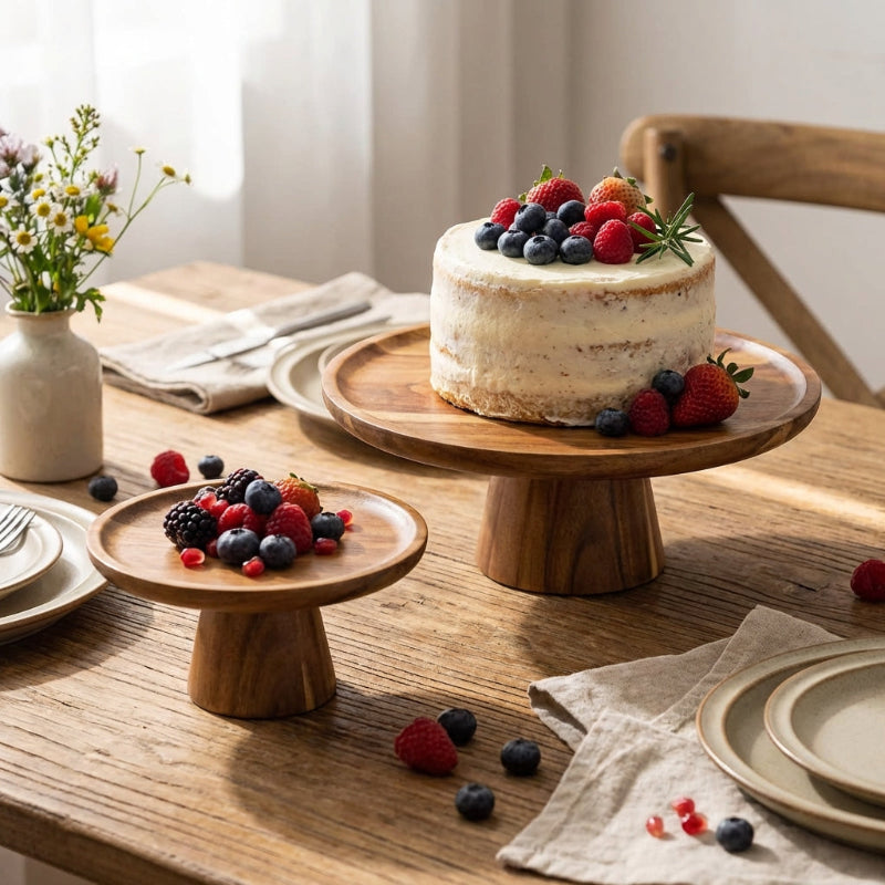 Wooden cake stand with a decorated cake and berries on a wooden table.