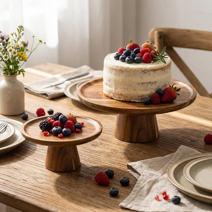 Wooden cake stand with a decorated cake and berries on a wooden table.