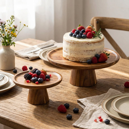 Wooden cake stand with a decorated cake and berries on a wooden table.