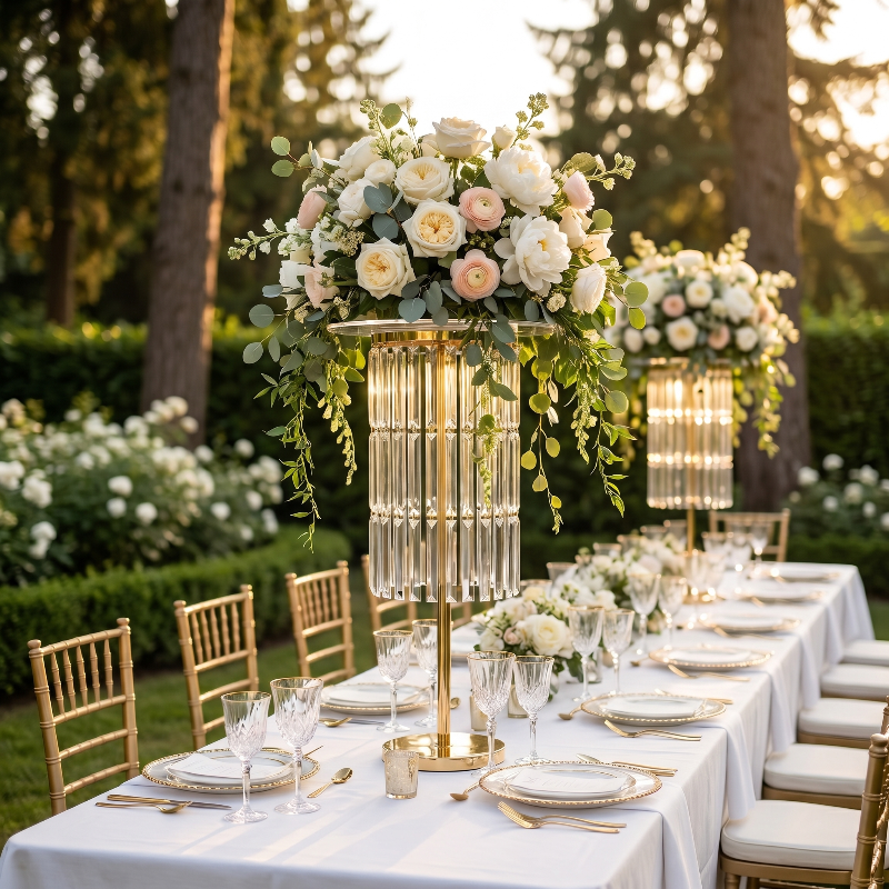 Soren acrylic floral pedestal with white floral arrangement on outdoor dining table