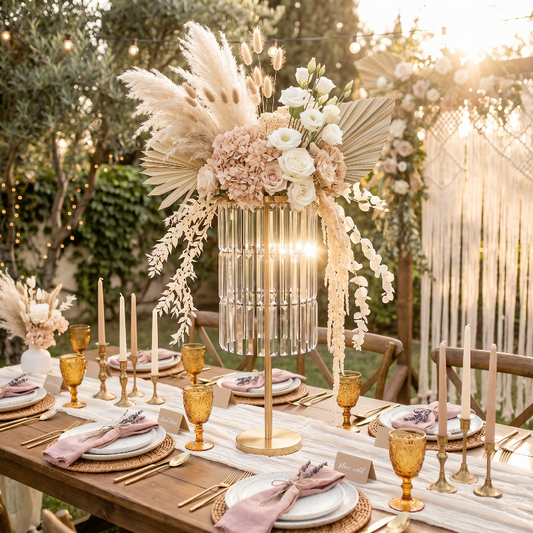 Soren acrylic floral pedestal with blush floral arrangement on wedding table