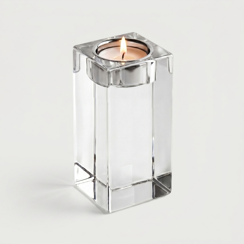 Extra tall square glass candle holder on white background