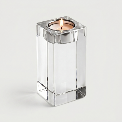 Extra tall square glass candle holder on white background
