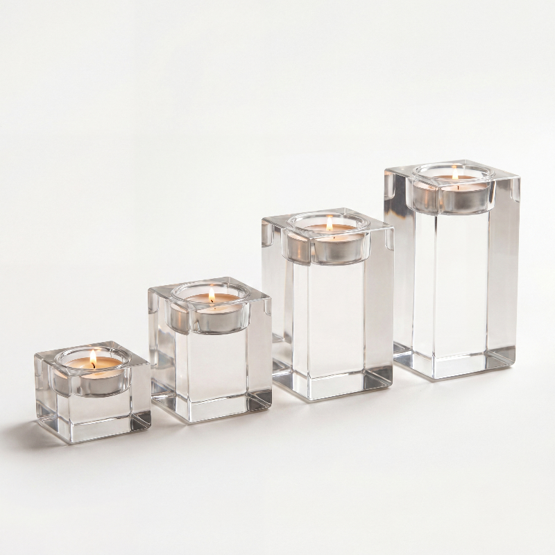 Square glass candle holders shown in four size options on white background