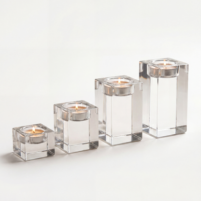 Square glass candle holders shown in four size options on white background