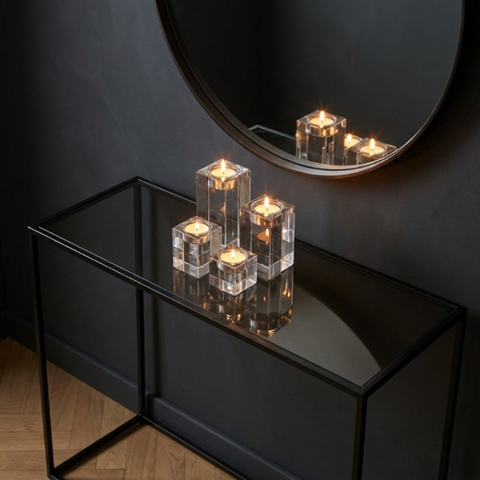 Square glass candle holders on black console table beneath round mirror