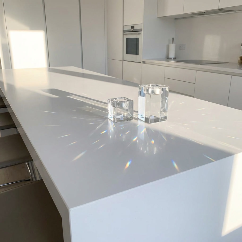 Square glass candle holders on bathroom counter in bright interior