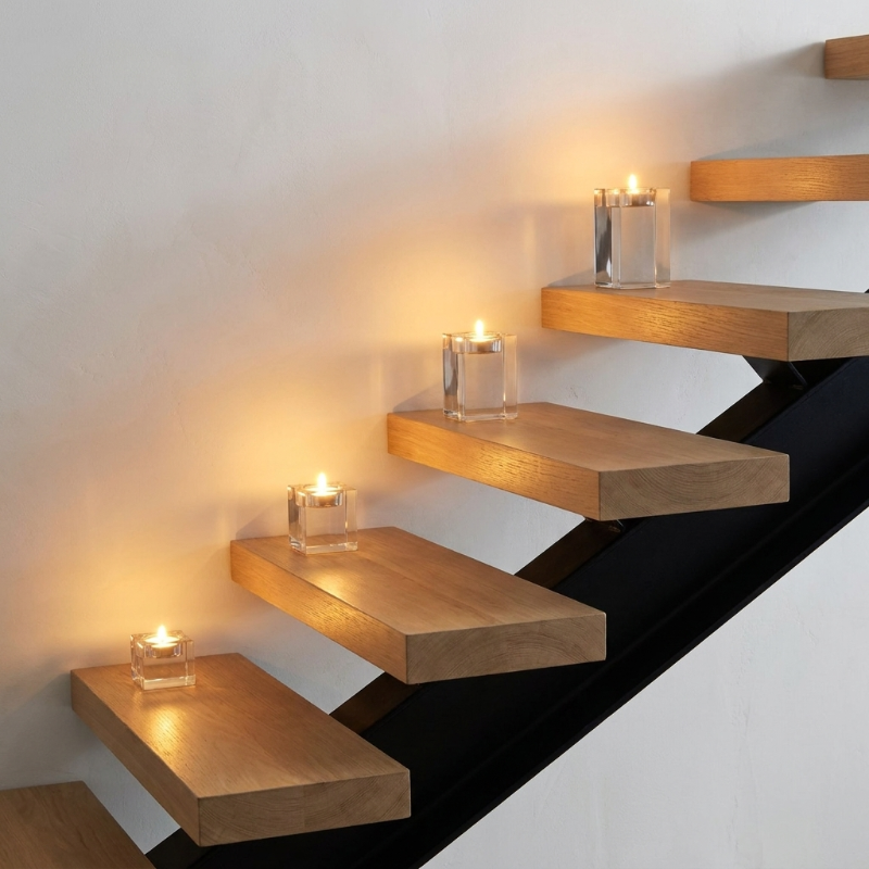 Square glass candle holders glowing on staircase steps