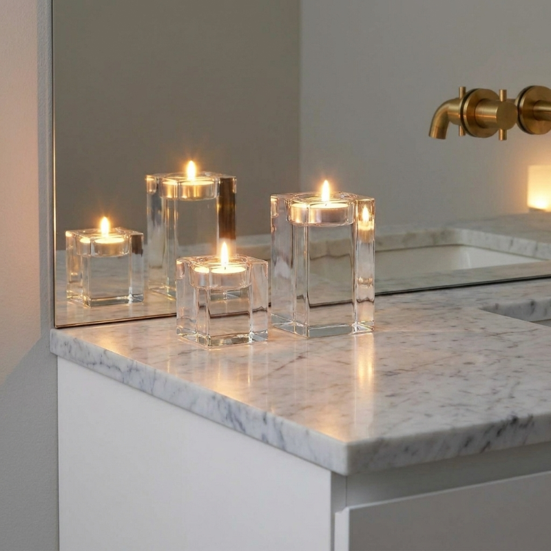 Square glass candle holders on bathroom counter with gold faucet