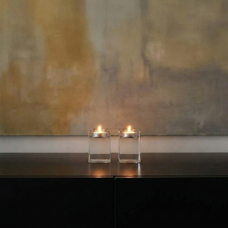 Square glass candle holders close-up with soft reflection