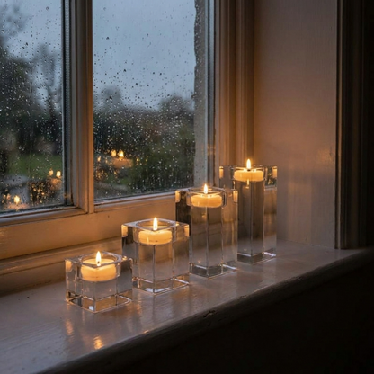 Square glass candle holders on windowsill at night