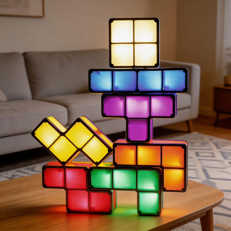Colorful Tetris-style lamp on a wooden table in a living room setting