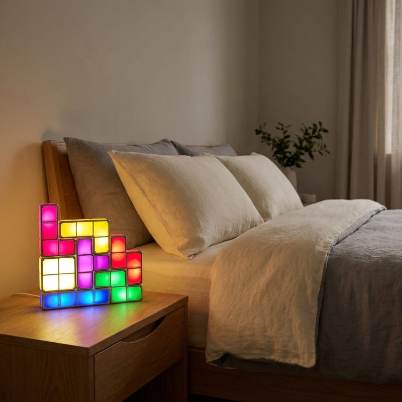 Colorful Tetris-style lamp on a bedside table next to a bed with pillows and blankets.