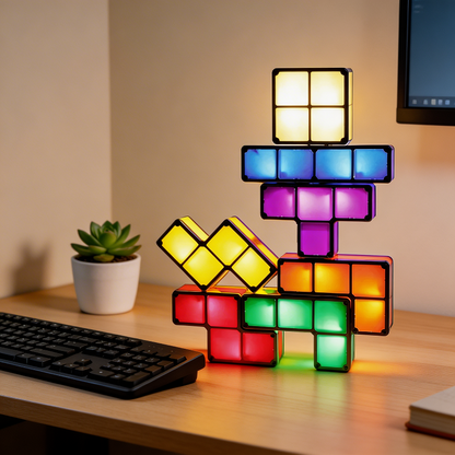Colorful Tetris-style lamp on a desk with a keyboard and plant in the background