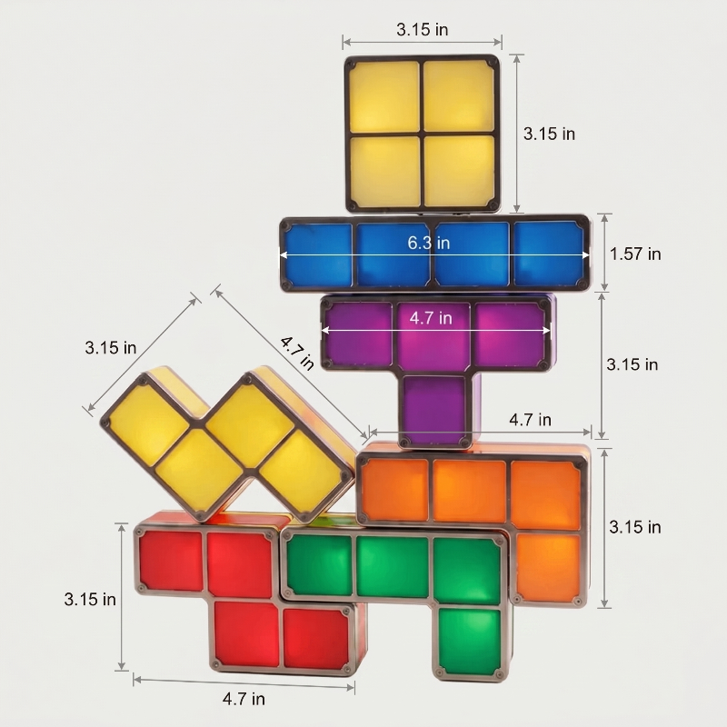 Colorful Tetris-style blocks with measurements on a white background