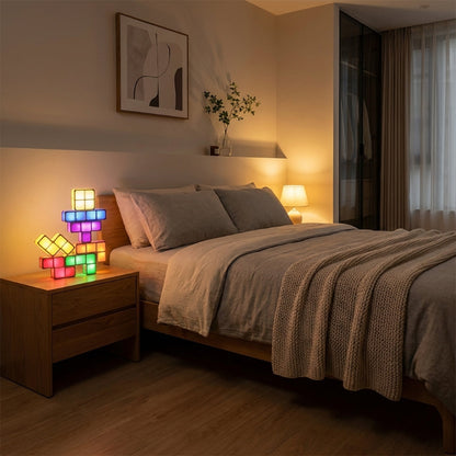 Bedroom with a bed, nightstand, and colorful lamp