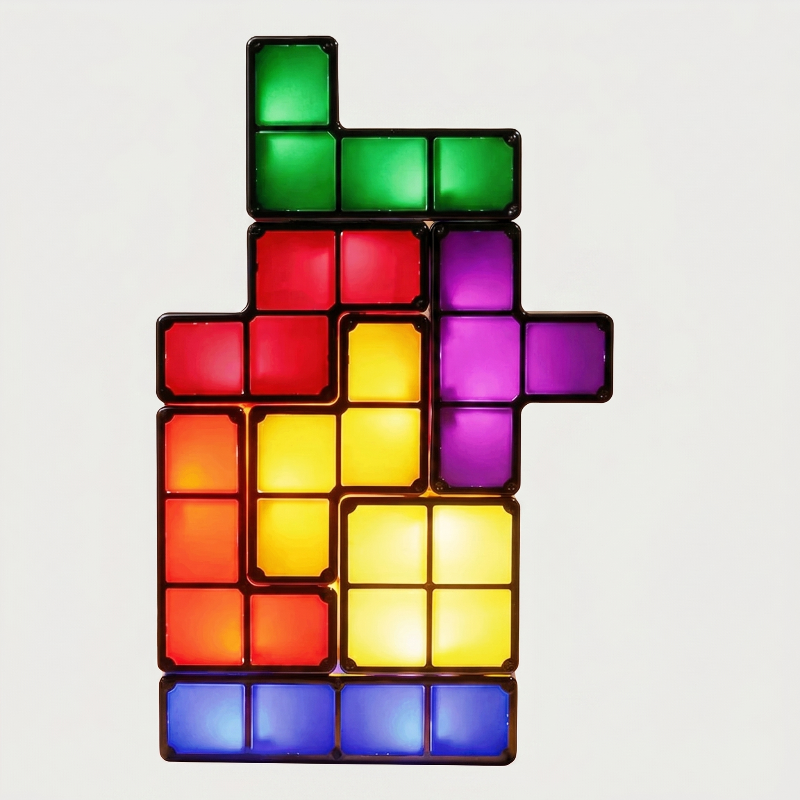 Colorful block-style lamp with a geometric design on a white background