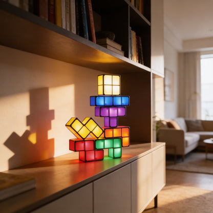 Colorful Tetris-style lamp on a shelf in a living room