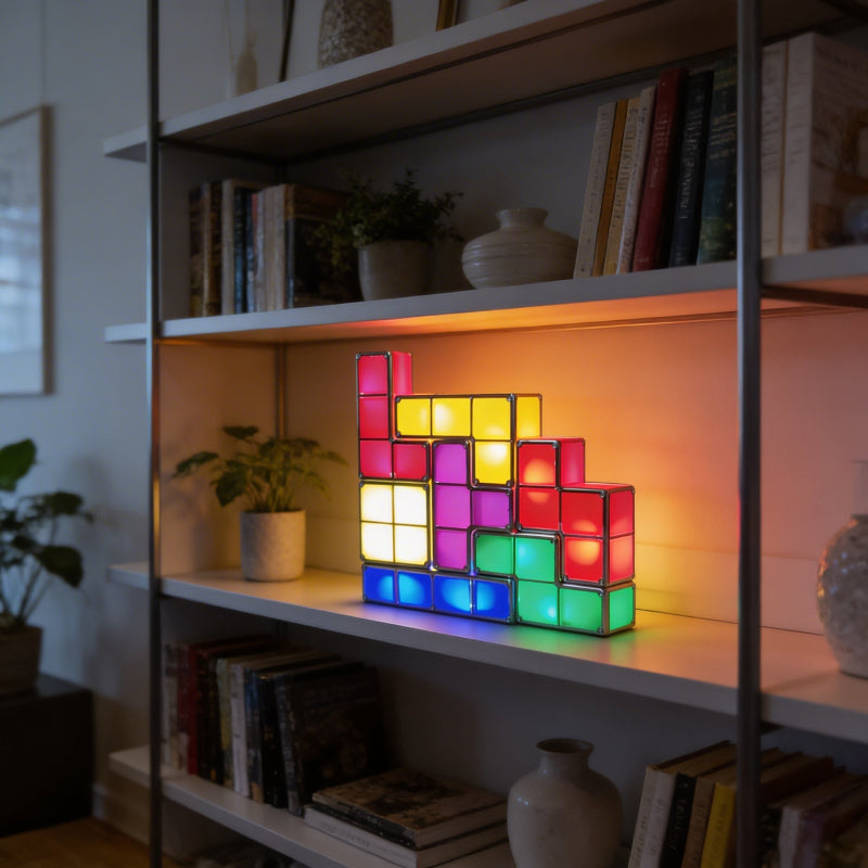 Colorful Tetris-style lamp on a bookshelf with books and plants in the background