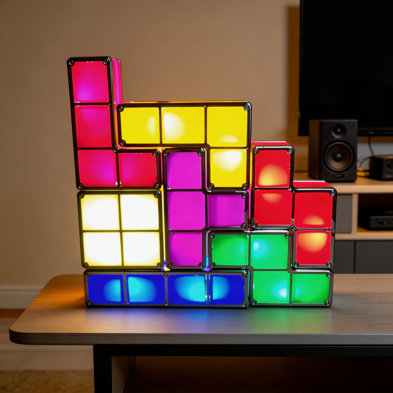 Colorful Tetris-style lamp on a table with a blurred background