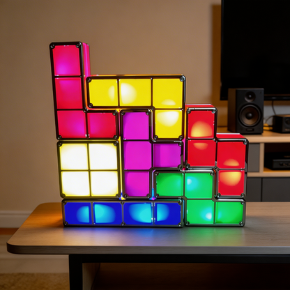 Colorful Tetris-style lamp on a table with a blurred background