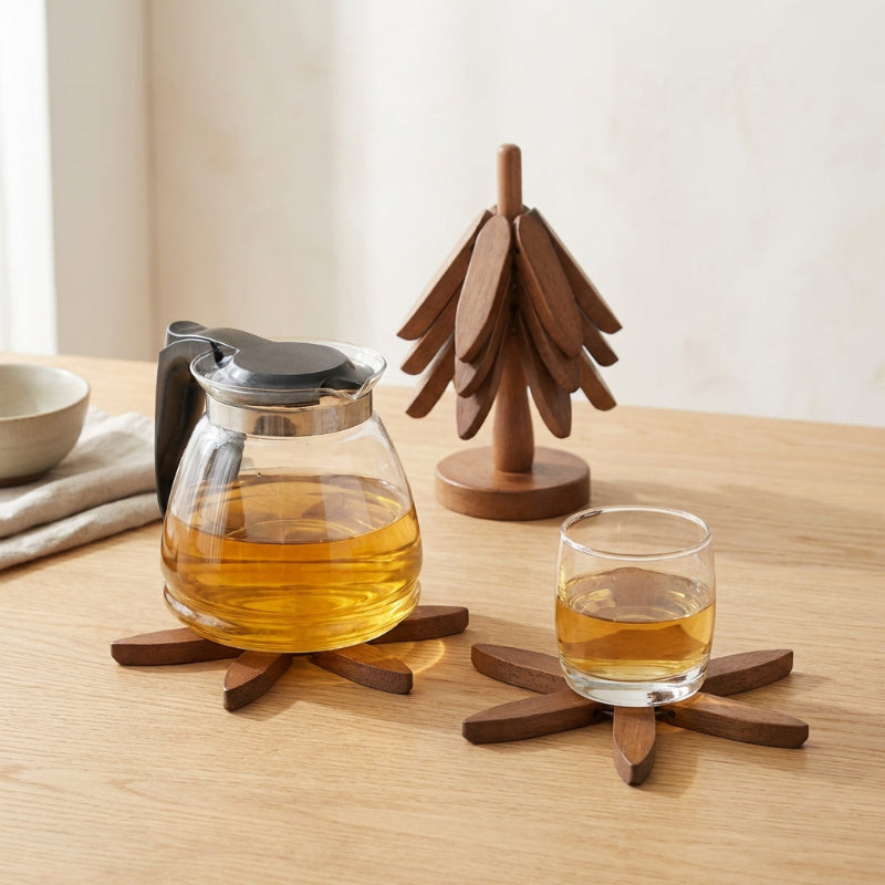 Three wood coasters displayed next to tree stand