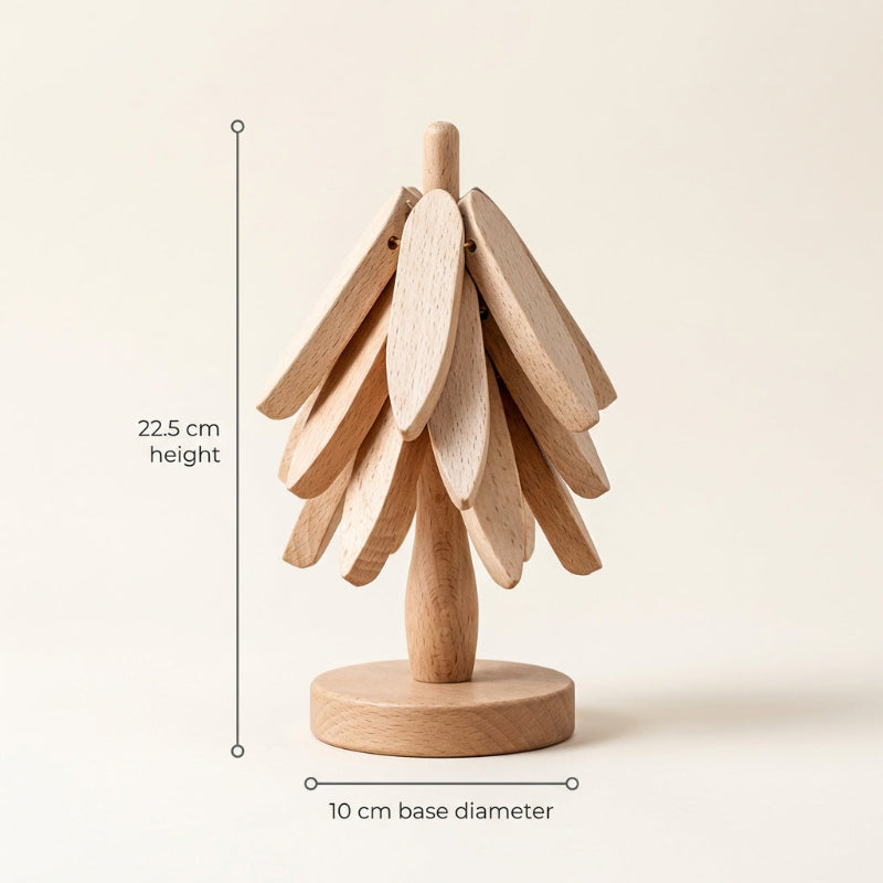 Wooden decorative tree with measurements on a beige background