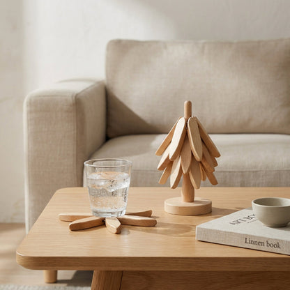 Wooden decorative items on a coffee table with a couch in the background
