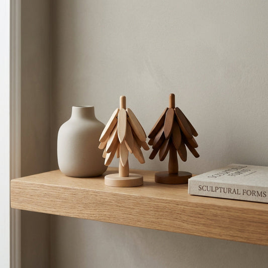 Two wooden tree sculptures and a ceramic vase on a wooden shelf with a book titled 'Sculptural Forms' in the background.