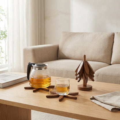 Wood tree coaster set on coffee table
