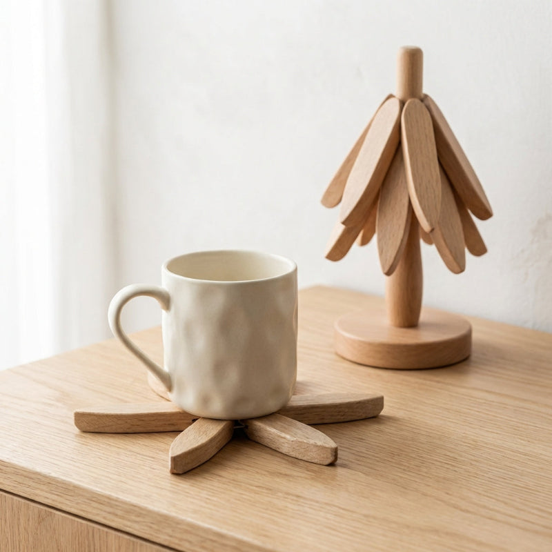 Stacking wood tree coaster set with stand