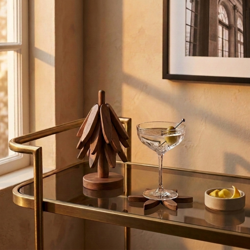 Stacking wood tree coasters on bar cart with drinkware