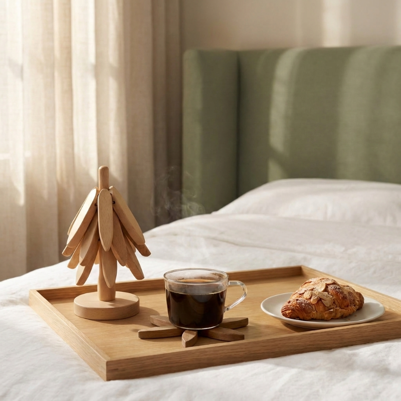 Stacking wood tree coasters on breakfast tray in bed