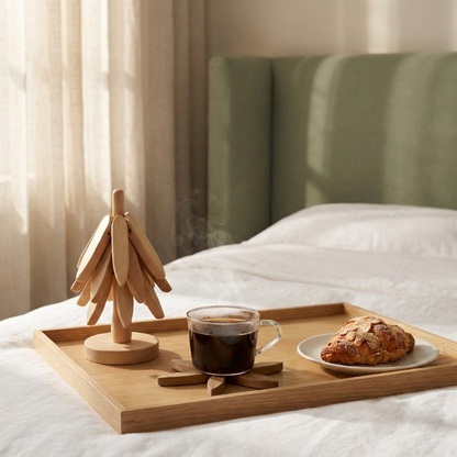 Stacking wood tree coasters on breakfast tray in bed