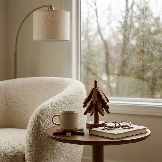 Stacking wood tree coasters on round side table in living room