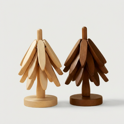 Stacking wood tree coasters shown in light and dark wood finishes