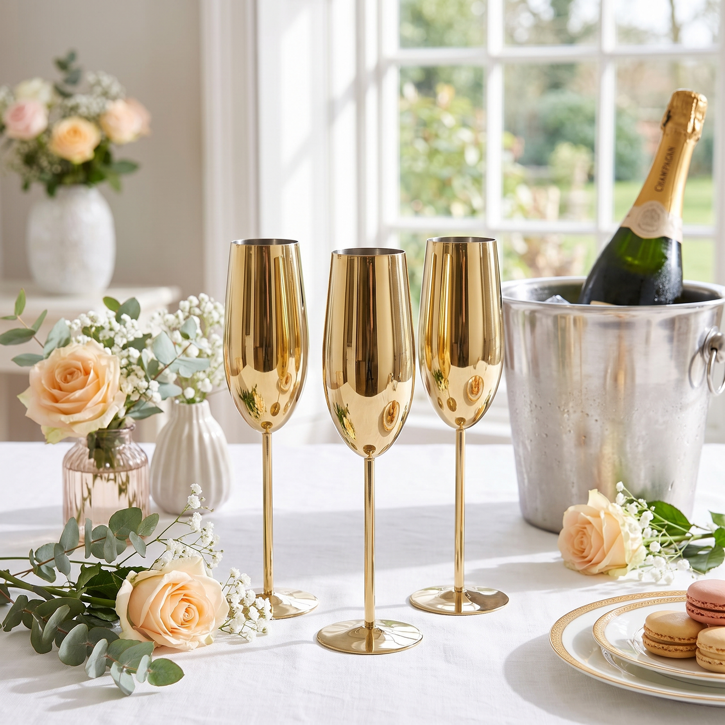 Gold stainless steel champagne flutes arranged on an elegant celebration table with a bottle of champagne